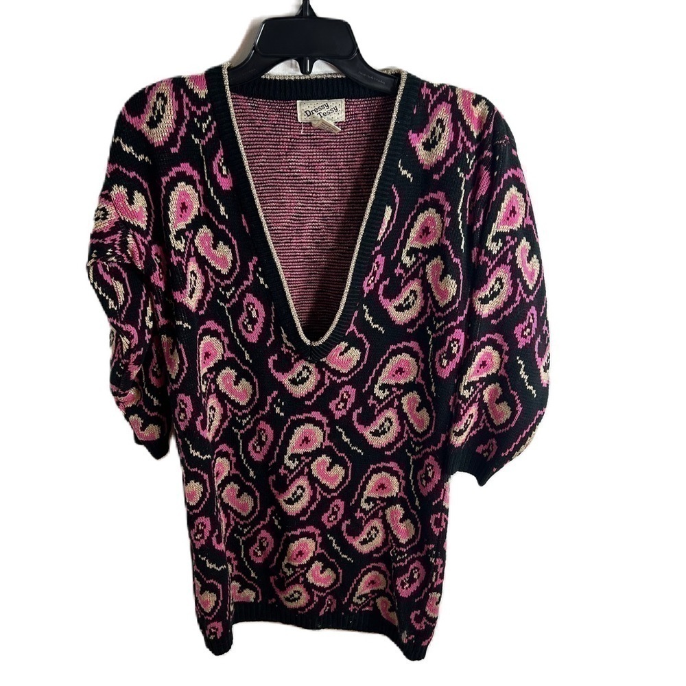 Vintage Metallic Sweater Small Pink Black Silver Deep V-neck Pullover 80s 90s